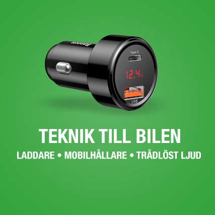 Teknik till bilen: Laddare, laddkablar, FM-sändare, Bluetooth AUX-adapters, mobilhållare med mera.